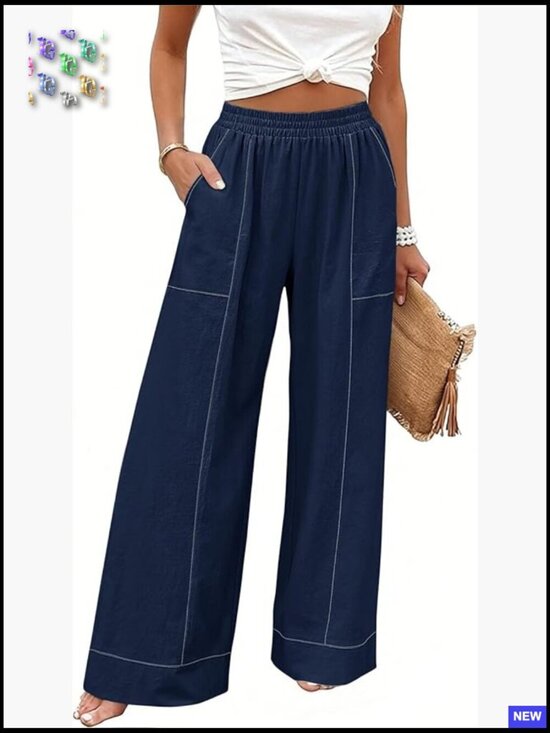 Pants - Elastic Waist Palazzo Pants Casual Wide Leg Baggy Lounge Trousers Pockets